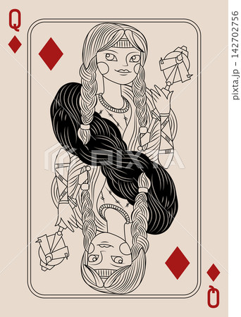 Queen of Diamonds vector playing card for poker in Scandinavian style 142702756
