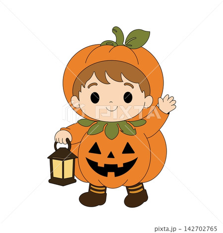 ハロウィンのかぼちゃ衣装を着た笑顔のかわいい子ども(カラー) ハロウィンのかぼちゃ衣装を着た笑顔のかわいい子ども(カラー) 142702765