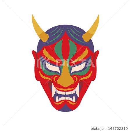 Japanese Hannya demon mask with horns, fangs and fierce red face with traditional painted ornament. Vector icon of Noh theater, Japanese folklore, oni spirit, festival, culture and ancient legend 142702810