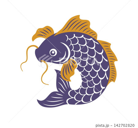 Asian Japanese koi carp design element, oriental fish ornament pattern with flowing fins, whiskers and decorative scales. Vector fish symbol of Japan culture, festival, luck, prosperity and tradition 142702820