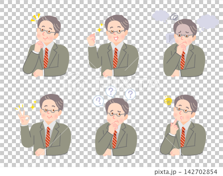 一組插圖,描繪了一位中年男子,他臉上帶著微笑,但表情憂慮。 一組插圖,描繪了一位中年男子,他臉上帶著微笑,但表情憂慮。 142702854