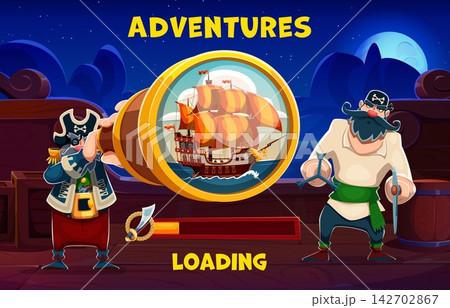 Pirate adventure countdown loading bar, game UI. Cartoon pirate captain and sailor standing on ship deck and looking through spyglass telescope at sailboat, game loading screen with progress bar Pirate adventure countdown loading bar, game UI. Cartoon pirate captain and sailor standing on ship deck and looking through spyglass telescope at sailboat, game loading screen with progress bar 142702867
