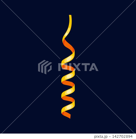 Christmas tinsel or confetti streamer ribbon and winter holiday party decoration icon. Cartoon yellow orange serpentine tinsel for New Year and Xmas tree decor or festive celebration design element 142702894