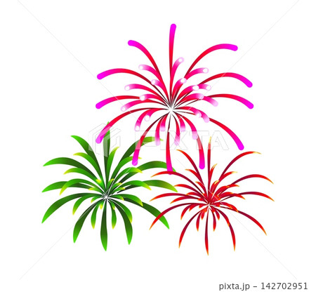 Vibrant carnival fireworks with green, red and pink bursts. Cartoon festive icon for Brazilian Carnival, street parades, cultural celebrations, greeting cards, social media and party decorations 142702951