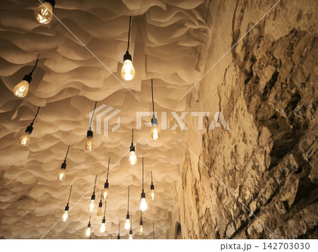 Designer ceiling with waves and pendant lamps 142703030