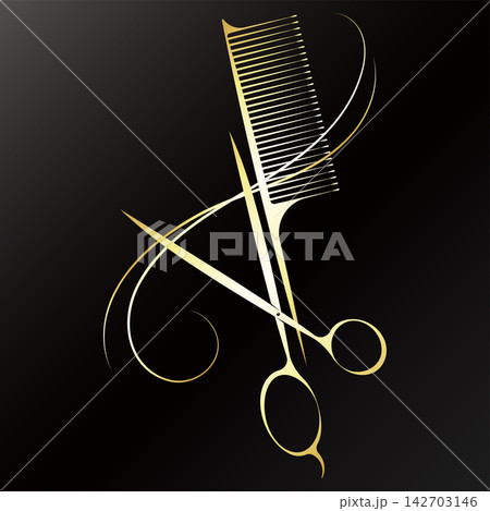 Golden scissors and comb on a black background Golden scissors and comb on a black background 142703146