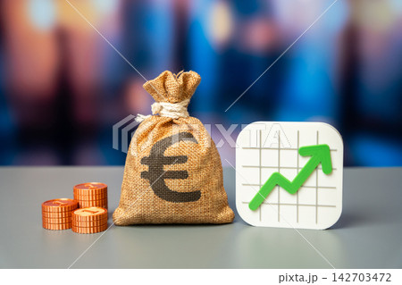 Positive growth chart and Euro money bag. Improving the economy, increasing budget revenues. Working capital surplus. Income and profit growth. Positive growth chart and Euro money bag. Improving the economy, increasing budget revenues. Working capital surplus. Income and profit growth. 142703472