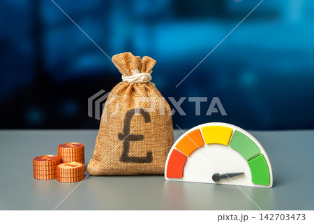The efficiency scale is at its maximum and the is a British pounds money bag. Reliability of savings and absence of risks. Profitability of investments and deposits. The efficiency scale is at its maximum and the is a British pounds money bag. Reliability of savings and absence of risks. Profitability of investments and deposits. 142703473