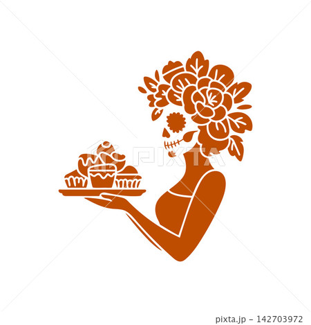 Halloween sugar skull woman holding bakery cupcakes Halloween sugar skull woman holding bakery cupcakes 142703972