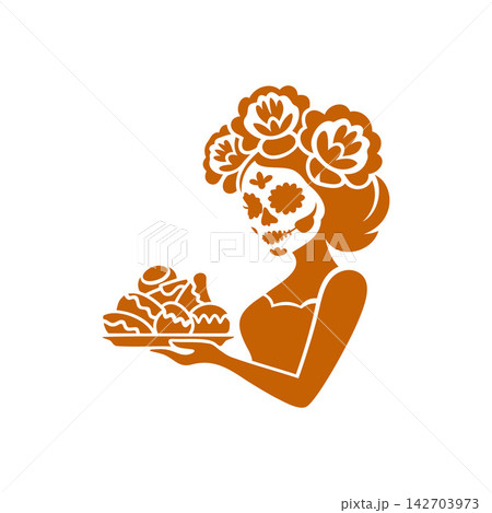 Day of dead sugar skull woman holding cupcakes Day of dead sugar skull woman holding cupcakes 142703973