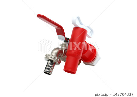 Red and silver water tap with hose connection and lever handle 142704337