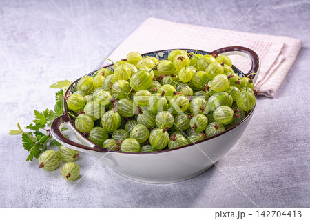 Fresh green gooseberries in ceramic bowl with leafy sprig on textured gray surface, natural light highlighting translucent skin and delicate veins 142704413