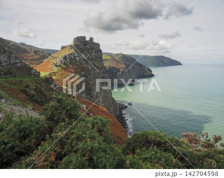 Castle Rock and rugged coastline, Valley of Rocks, Exmoor, Devon Castle Rock and rugged coastline, Valley of Rocks, Exmoor, Devon 142704598