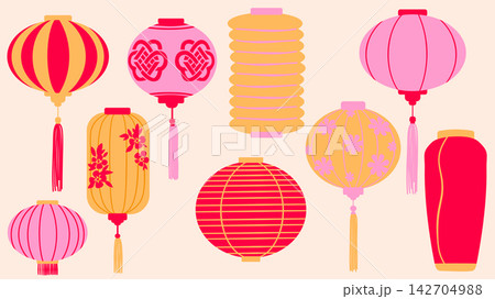 Asian paper lantern set for Chinese New Year, Spring Festival, and Japanese Lantern Festival. Red and pink hanging lamps, floral pattern isolated on background for holiday design. 142704988