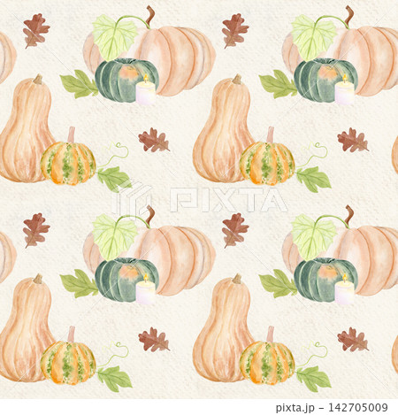 Pumpkin, butternut squash, green gourds, candles, oak leaf vines. Seamless watercolor pattern on textured paper perfect for Thanksgiving, seasonal packaging, fabric, wrapping paper, rustic kitchen 142705009