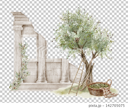 Roman colonnade watercolor illustration with an olive tree, ancient stone columns and Mediterranean landscape isolated on background. Classical architectural scene for history, travel designs. Roman colonnade watercolor illustration with an olive tree, ancient stone columns and Mediterranean landscape isolated on background. Classical architectural scene for history, travel designs. 142705075