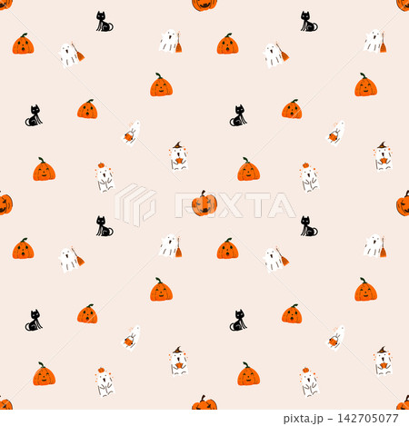 Cute Halloween Seamless Pattern with Ghosts, Pumpkins, and Black Cats Cute Halloween Seamless Pattern with Ghosts, Pumpkins, and Black Cats 142705077