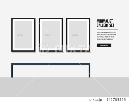 Minimalist Gallery Set with Three Black Photo Frames on White Wall Mockup Minimalist Gallery Set with Three Black Photo Frames on White Wall Mockup 142705326