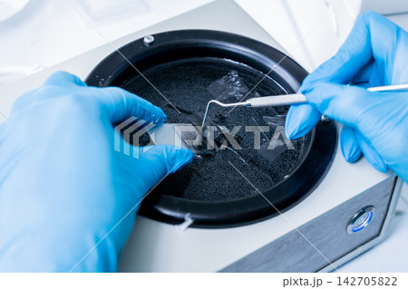 Laboratory assistant works on a rotary microtome section and making microscope slides 142705822