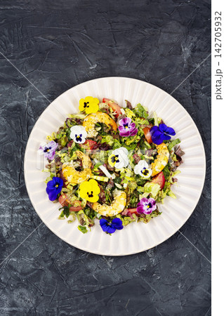Fresh Shrimp Salad with Edible Flowers and Mixed Greens Fresh Shrimp Salad with Edible Flowers and Mixed Greens 142705932