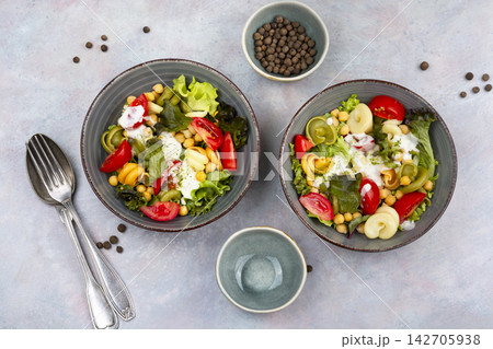 Vegetarian pasta salad with chickpeas Vegetarian pasta salad with chickpeas 142705938