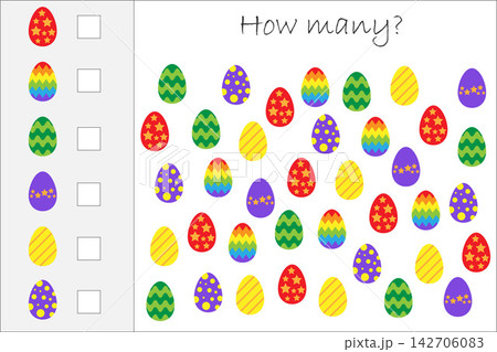 How many counting game with easter eggs for kids, educational maths task for the development of logical thinking, preschool worksheet activity, count and write the result, vector illustration How many counting game with easter eggs for kids, educational maths task for the development of logical thinking, preschool worksheet activity, count and write the result, vector illustration 142706083