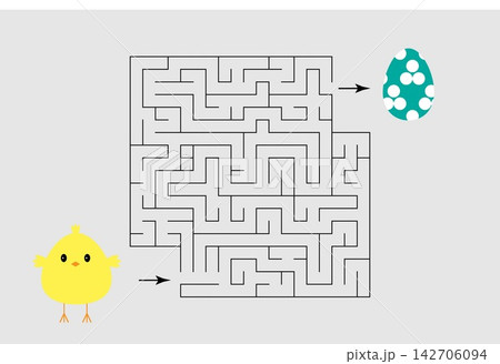 Easter labyrinth game, help the chick to find a way out of the maze, cute cartoon character, preschool worksheet activity for kids, task for the development of logical thinking, vector illustration 142706094