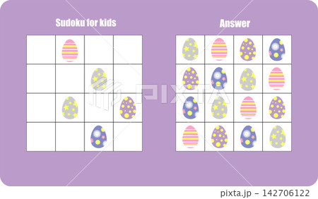 Sudoku game with easter eggs for children, easy level, education game for kids, preschool worksheet activity, task for the development of logical thinking, vector illustration Sudoku game with easter eggs for children, easy level, education game for kids, preschool worksheet activity, task for the development of logical thinking, vector illustration 142706122