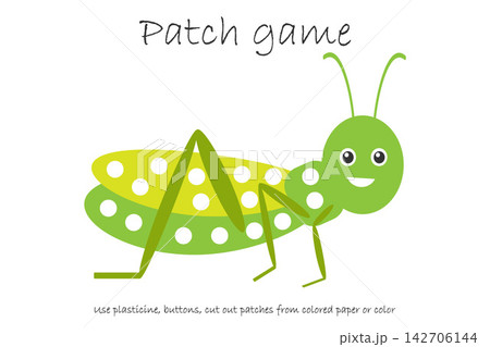 Education Patch game grasshopper for children to develop motor skills, use plasticine patches, buttons, colored paper or color page, kids preschool activity, printable worksheet, vector illustration Education Patch game grasshopper for children to develop motor skills, use plasticine patches, buttons, colored paper or color page, kids preschool activity, printable worksheet, vector illustration 142706144