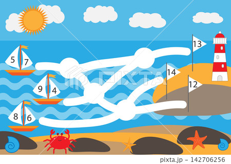 Mathematics game for children, lead ships through labyrinth to correct flags, education maze game for kids, school worksheet activity, task for development of logical thinking, vector illustration 142706256