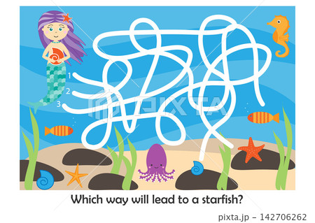 Labyrinth game, help the mermaid to find a way to the starfish, cute cartoon character, preschool worksheet maze activity for kids, task for the development of logical thinking, vector illustration Labyrinth game, help the mermaid to find a way to the starfish, cute cartoon character, preschool worksheet maze activity for kids, task for the development of logical thinking, vector illustration 142706262