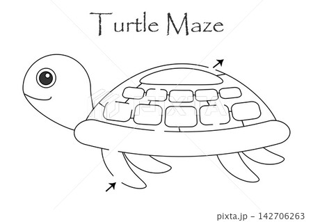 Labyrinth game, find a way out of the maze, middle level for toddlers, cartoon turtle, preschool worksheet activity for kids, task for the development of logical thinking, vector illustration Labyrinth game, find a way out of the maze, middle level for toddlers, cartoon turtle, preschool worksheet activity for kids, task for the development of logical thinking, vector illustration 142706263