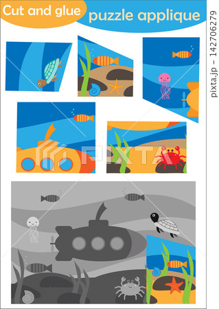 Underwater in cartoon style, education puzzle game for development of preschool children, use scissors and glue to create the applique, cut parts of the image and glue on paper, vector illustration Underwater in cartoon style, education puzzle game for development of preschool children, use scissors and glue to create the applique, cut parts of the image and glue on paper, vector illustration 142706279