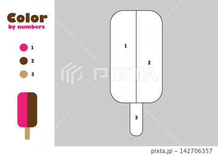 Ice cream in cartoon style, color by number, education paper game for the development of children, coloring page, kids preschool activity, printable worksheet, vector illustration Ice cream in cartoon style, color by number, education paper game for the development of children, coloring page, kids preschool activity, printable worksheet, vector illustration 142706357