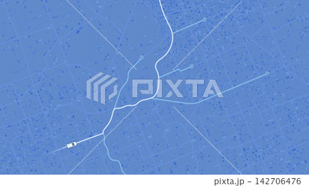 Vehicle icon follows a highlighted route through a blue street map with endpoint circles Vehicle icon follows a highlighted route through a blue street map with endpoint circles 142706476