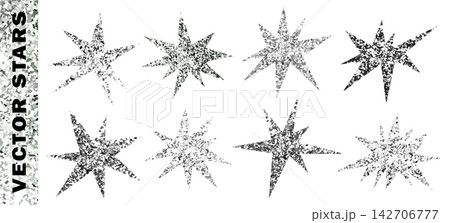 Irregular stars cut out of silver glitter shimmering paper. Shiny bright and sparkle star shapes set, party stickers for fun collage and festive scrapbook. Vector isolated on transparent background Irregular stars cut out of silver glitter shimmering paper. Shiny bright and sparkle star shapes set, party stickers for fun collage and festive scrapbook. Vector isolated on transparent background 142706777