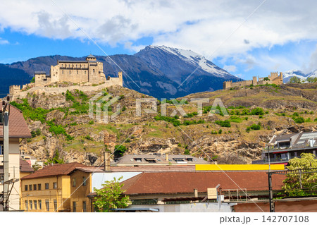 View of Tourbillon Castle and Valere Basilica in Sion, Switzerland View of Tourbillon Castle and Valere Basilica in Sion, Switzerland 142707108