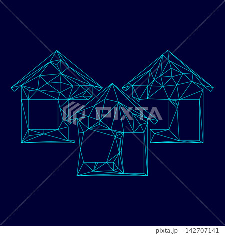 Three house low poly triangulation triangulated polygonal electric cyan blue vibrant aqua neon color vector illustration image outline contour line 142707141