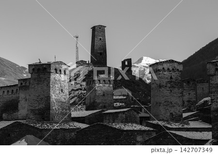 Black and White View of Medieval Svan Towers in Ushguli Village Georgia Europe Black and White View of Medieval Svan Towers in Ushguli Village Georgia Europe 142707349