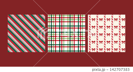 Christmas pattern set combines candy cane stripes plaid and bows Christmas pattern set combines candy cane stripes plaid and bows 142707383
