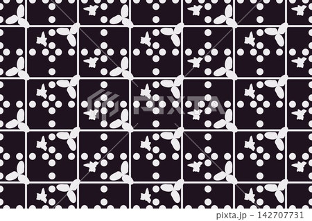 Botanical repeat pattern with leaves and daisies, purple tones Botanical repeat pattern with leaves and daisies, purple tones 142707731