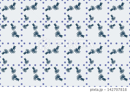 Botanical repeat pattern with slender clover leaves and star flowers, blue tones 142707818
