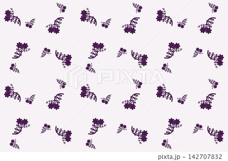 Minimal botanical pattern, serrated fern leaves and star flowers on plum 142707832
