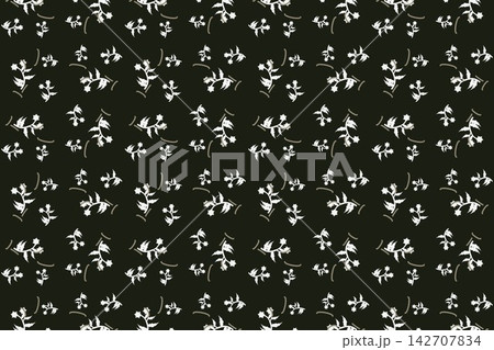 Seamless botanical pattern with scalloped leaves and pompoms in green 142707834