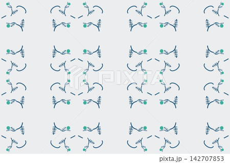 Modern botanical seamless tile, serrated fern fronds and pompoms in blue 142707853