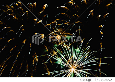 Fireworks lighting up the night sky. Pyrotechnics, abstract	 142708092