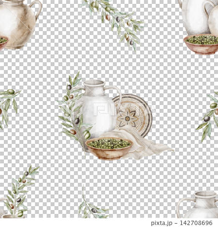 Olive pottery seamless Pattern with amphorae, mosaic plates, branches and fruit on isolated background. Watercolor Mediterranean repeat for stationery, wrappings, packaging and surface design. Olive pottery seamless Pattern with amphorae, mosaic plates, branches and fruit on isolated background. Watercolor Mediterranean repeat for stationery, wrappings, packaging and surface design. 142708696
