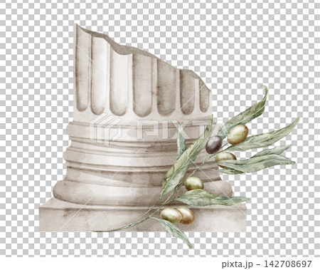 Ancient column base with olive branch watercolor illustration isolated on background. Classical stone architectural fragment decorated with Mediterranean foliage and fruits for historical roman design Ancient column base with olive branch watercolor illustration isolated on background. Classical stone architectural fragment decorated with Mediterranean foliage and fruits for historical roman design 142708697
