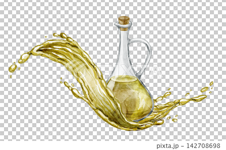 Olive oil bottle with flowing splash watercolor illustration isolated on background. Golden cooking oil composition with dynamic liquid motion for Mediterranean food designs or recipe book. Olive oil bottle with flowing splash watercolor illustration isolated on background. Golden cooking oil composition with dynamic liquid motion for Mediterranean food designs or recipe book. 142708698