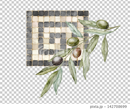 Olive branch with geometric mosaic watercolor illustration isolated on background. Mediterranean botanical composition with stone tesserae and classical decorative tile. Art of fruits and leaves. Olive branch with geometric mosaic watercolor illustration isolated on background. Mediterranean botanical composition with stone tesserae and classical decorative tile. Art of fruits and leaves. 142708699